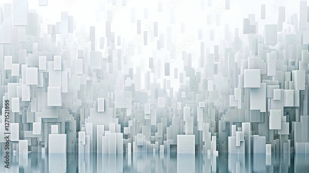 Poster abstract cityscape with floating geometric shapes reflecting on a calm surface