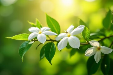 Delicate White Flowers and Lush Green Leaves in Sunlight