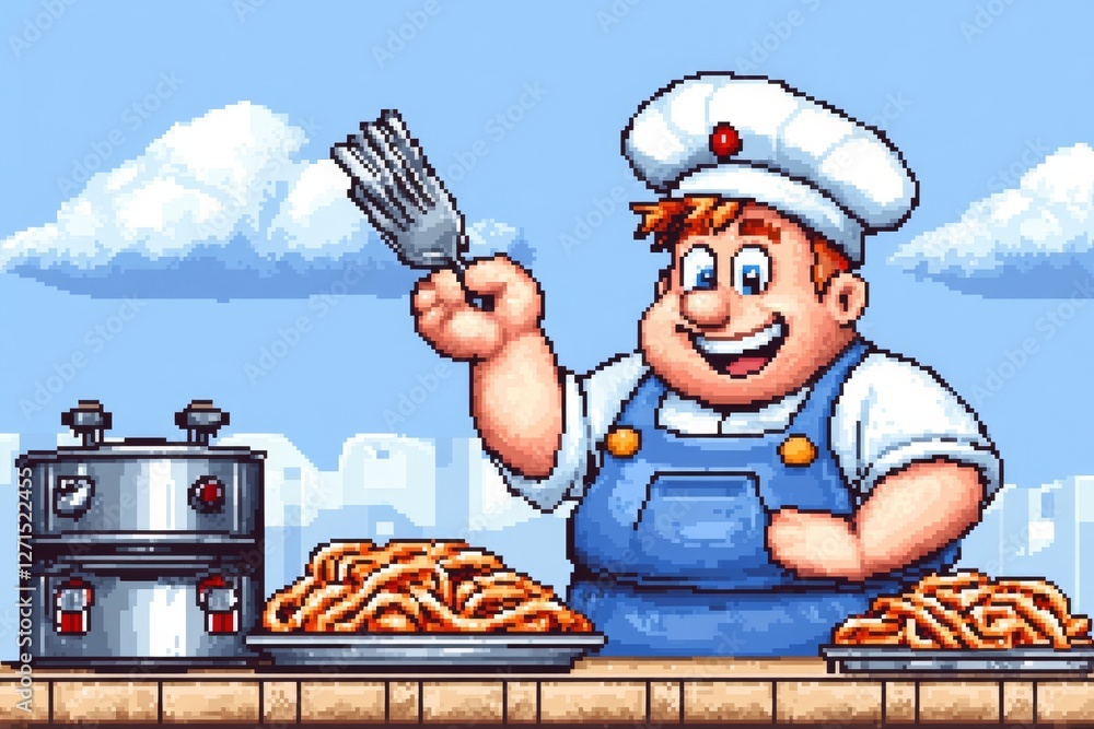 Poster a pixelated 8-bit pasta shop, where tiny pixel chefs prepare spaghetti and lasagna in a classic vide