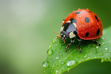 Ladybug on a leaf with water droplets