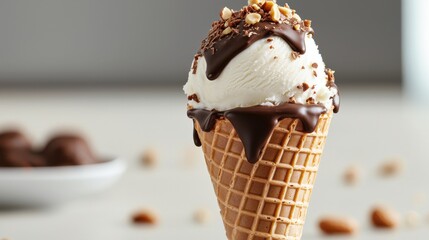 Indulging in creamy vanilla ice cream cone dipped in melted chocolate dessert shop food photography outdoor setting close-up junk food delight
