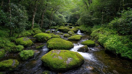 Obraz premium Lush Green Mossy Rocks in a Tranquil Forest Stream