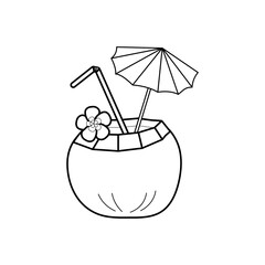Black line Refreshing tropical drink served in coconut with umbrella and straw for summer enjoyment. outline doodle Isolated vector illustration.