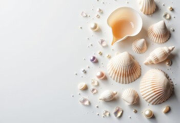 Sea Shells, Pearls, and Cosmetic Cream on White Background