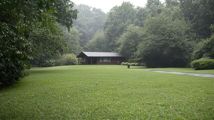 Naklejka premium Rainy day cabin, forest background, nature escape
