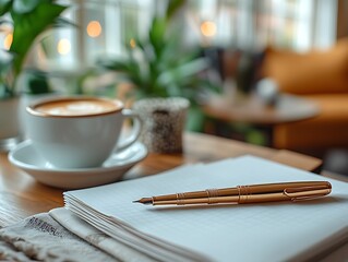 Elegant Fountain Pen and Coffee Cup on Journal in Cozy Setting