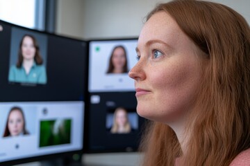 A recruitment team conducting virtual interviews via video calls on multiple screens