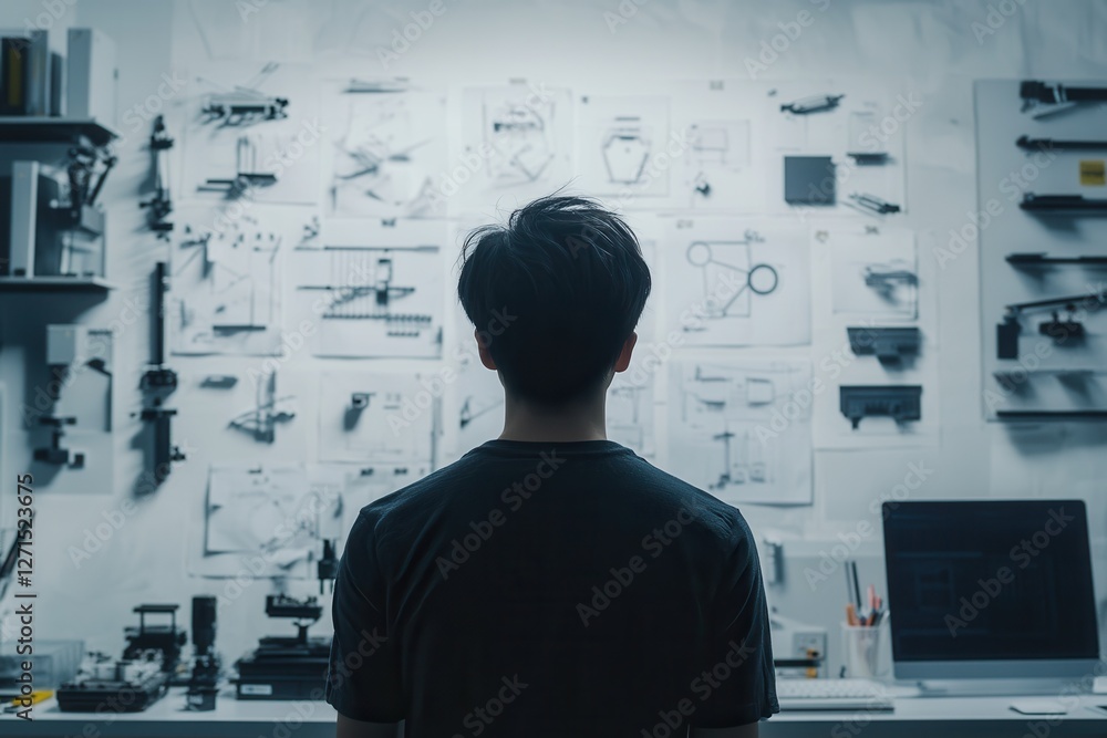 Poster a person staring at a failed product prototype with frustration .
