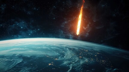 Fiery meteor descending towards Earth from space