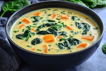 A bowl of homemade vegetable and spinach soup, topped with fresh herbs like mint. A comforting and healthful meal choice for fall or anytime.