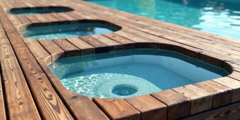 Relaxing Aquatic Oasis Sun-Drenched Wooden Deck with Embedded Plunge Pools for Tranquil Summertime Relaxation