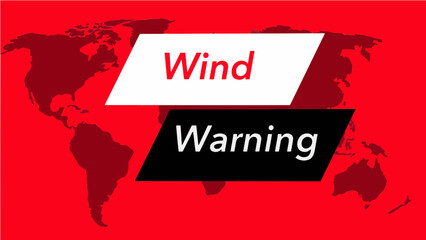 Wind warning. A television weather banner, known as an “over the shoulder”  is seen with a map of the world showing the United States. Colors are red, black and white and this is a vector graphic .

