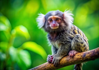 Obraz premium Adorable Baby Marmoset Monkey Posing on Branch, Copy Space Left