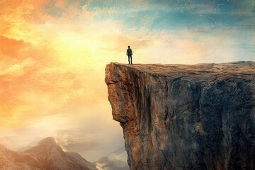 A person stands alone on a rocky cliff, A man stands confidently at the edge of a cliff, overlooking a vast landscape below.