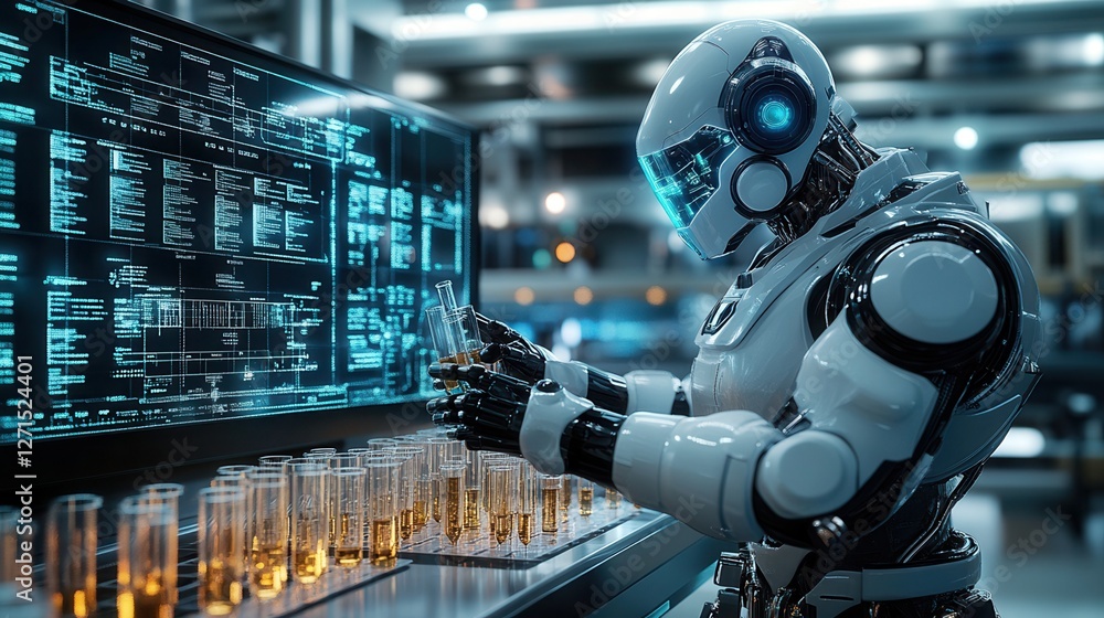 Aufkleber a futuristic robot conducts experiments in a high-tech laboratory filled with glowing data displays 