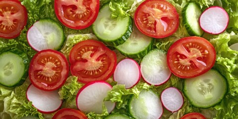 Fresh ingredients for salad: sliced cucumbers, tomatoes and radish on a bed of lettuce.