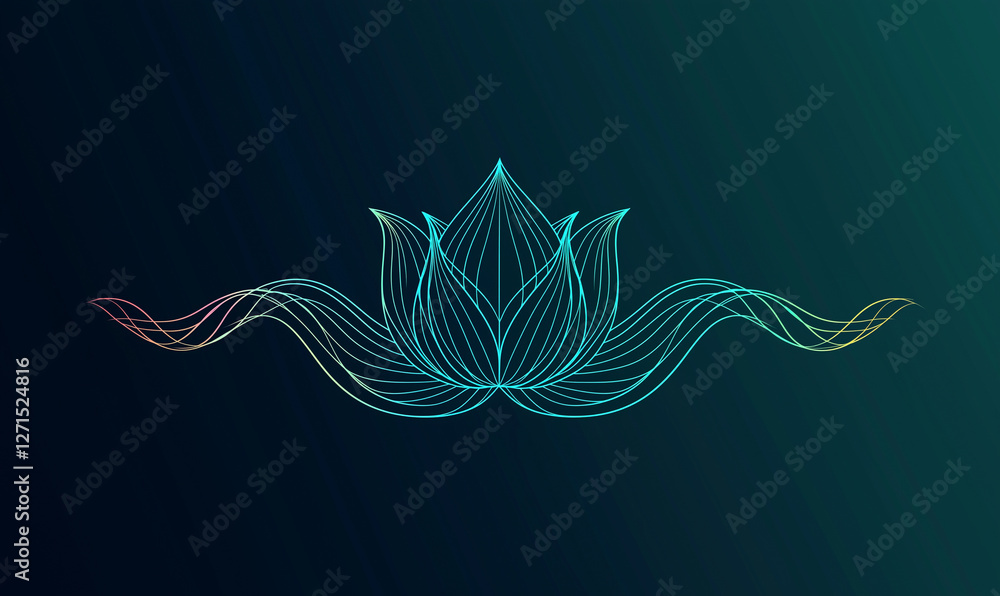 Poster digital illustration of a lotus flower with intricate patterns, glowing against a dark gradient back