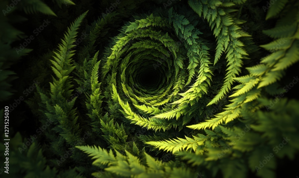 Aufkleber spiraling green ferns create a mesmerizing vortex effect in a tranquil forest setting