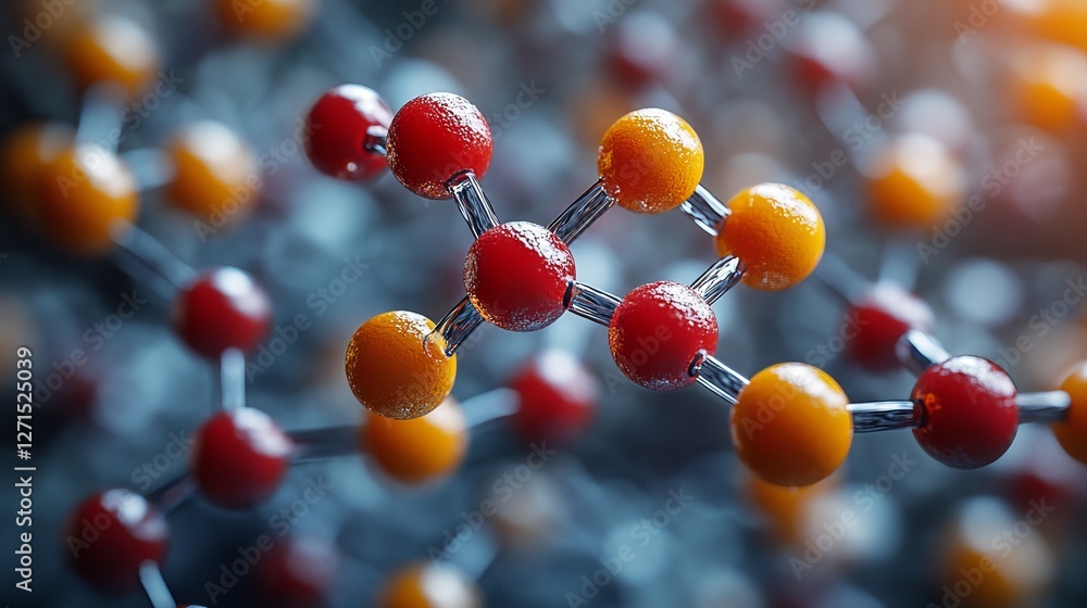 Poster microscopic view of molecular structure with red and orange atoms connected by bonds.