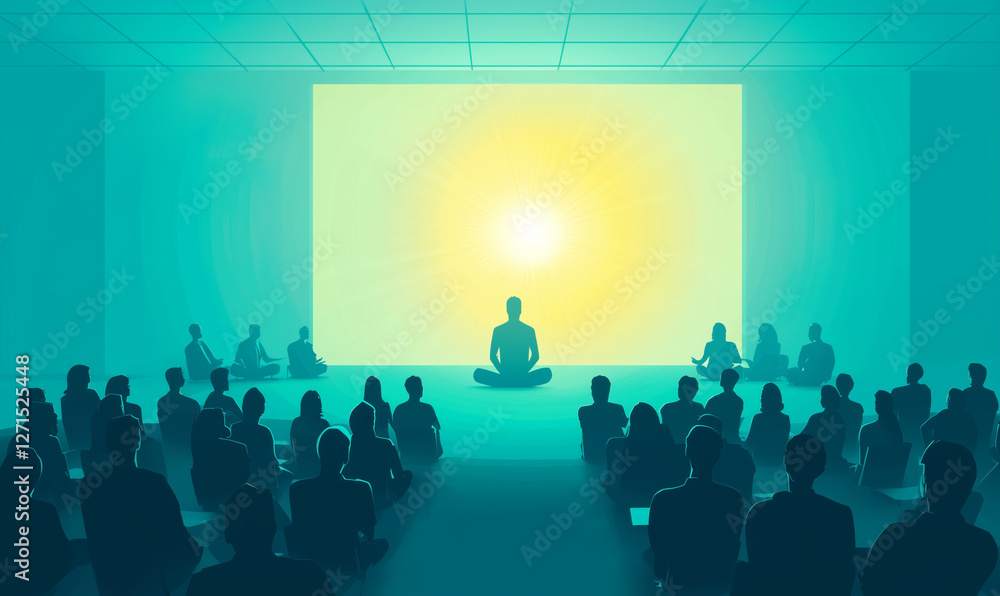 Poster a serene gathering with a meditative figure in front of a bright screen, surrounded by a crowd in a 