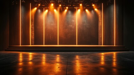 Golden lighting illuminating an empty stage, minimalist black curtains, modern architecture, no instruments or performers