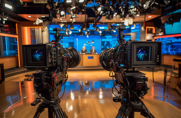Professional television studio with broadcast cameras capturing news anchors during live show, media production and journalism concept