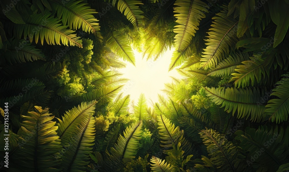 Poster sunlight filtering through lush green ferns in a dense forest, creating a serene atmosphere