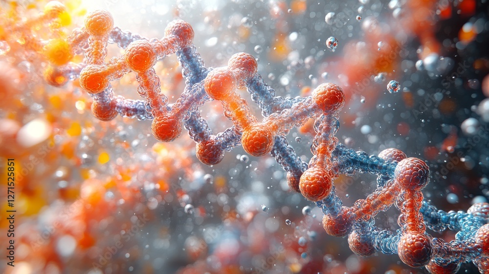 Aufkleber microscopic 3d rendering of a dna strand with surrounding particles.