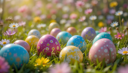 Colorful Easter Egg Hunt in a Sunny Spring Meadow with Floral Background