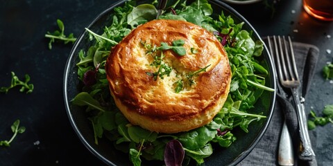 This image captures a delightful culinary experience featuring a hearty quiche alongside a fresh salad, both artfully presented.