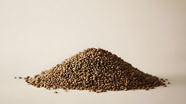 Close-up view of cumin seeds arranged neatly in a small mound on a neutral background, showcasing their natural brown color and texture.