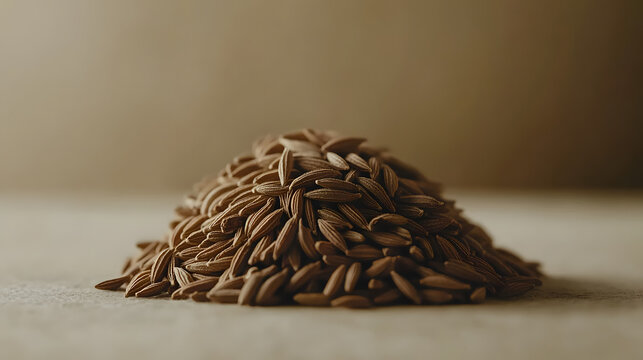 Close-up view of cumin seeds arranged neatly in a small mound on a neutral background, showcasing their natural brown color and texture.