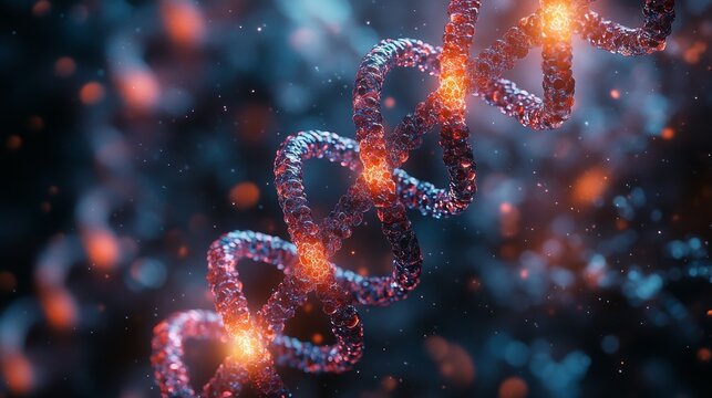 Glowing DNA helix strand in vibrant color, abstract science background.