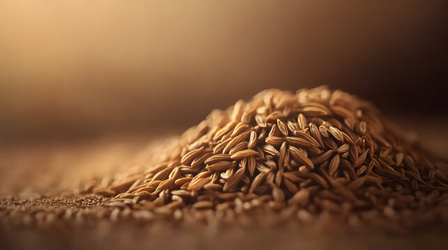 Close-up view of cumin seeds arranged neatly in a small mound on a neutral background, showcasing their natural brown color and texture.