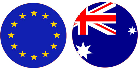 Europe National Flag With Australia Official Flag. Both Countries National Flags are in Round Shape and Isolated On White Background. Circular Colorful Countries Flags Design with Together. 