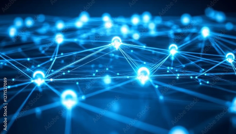 Poster interconnected nodes and lines, network visualization with bright blue bokeh on dark background
