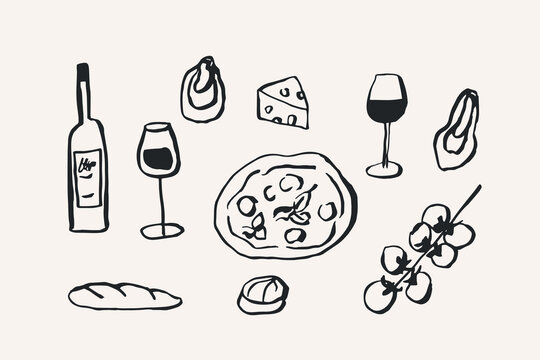 Hand drawn sketch wine and food illustration - Powered by Adobe