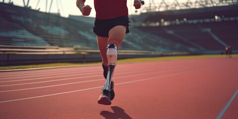 An athlete running a race on an outdoor track, competing against others.