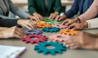 Fototapeta premium Diverse business professionals connecting colorful gears for teamwork innovation collaboration and corporate success strategy