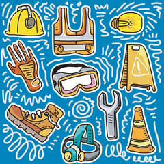Illustration showcases a collection of work safety equipment, including a helmet, gloves, goggles, boots, and a wrench, along with a caution cone, a lightbulb, and other construction-related item