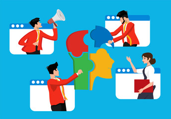 Teamwork, Working together or collaborating to solve difficulties, partnership notion; businesswoman and coworker connecting the puzzle pieces; hybrid work conference call for shared success.