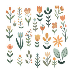 Set of  flowers, leaf, branch, flat, isolated,colorful, vector illustration, design