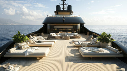 Fototapeta premium Luxurious sun soaked superyacht deck featuring stylish sun loungers, elegant decor, and serene ocean views, perfect for relaxation and leisure