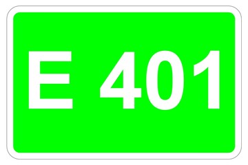 Illustration eines Europastraßenschildes der E 401 in Europa	