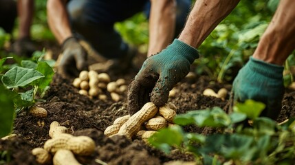 Naklejka premium Harvesting Fresh Peanuts from Rich Soil by Hands in Garden Scene