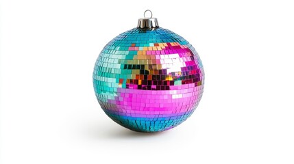 Fototapeta premium Colorful disco ball Christmas ornament on white background