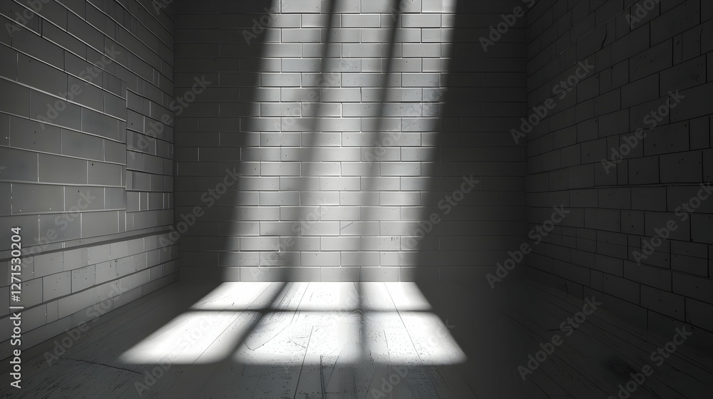 Poster sunlight streaming through a window onto a minimalist tiled room with shadows on the floor
