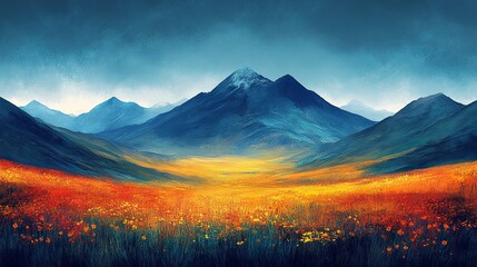 Naklejka premium moutain and green,yellow,blue adverture background,illustration --ar 16:9 --stylize 450 --v 6.1 Job ID: c9cd6cf8-910b-472f-9350-9b9cddfdd327