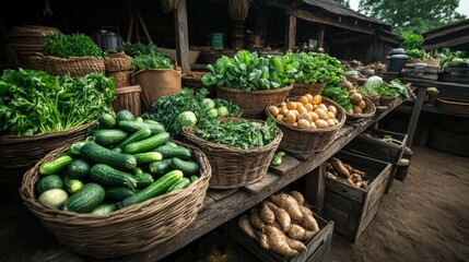 Capture the essence of vegan culinary creation with this stunning image of a rustic wooden table, overflowing with fresh vegetables, roots, vibrant spices, and fragrant herbs, all meticulously