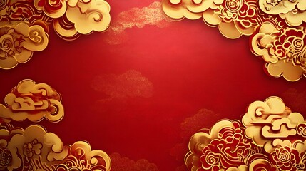 Golden asian chinese new year celebration frame background, abstract red Japanese cloud wave art pattern design backdrop, traditional lunar festival empty rectangle border wallpaper